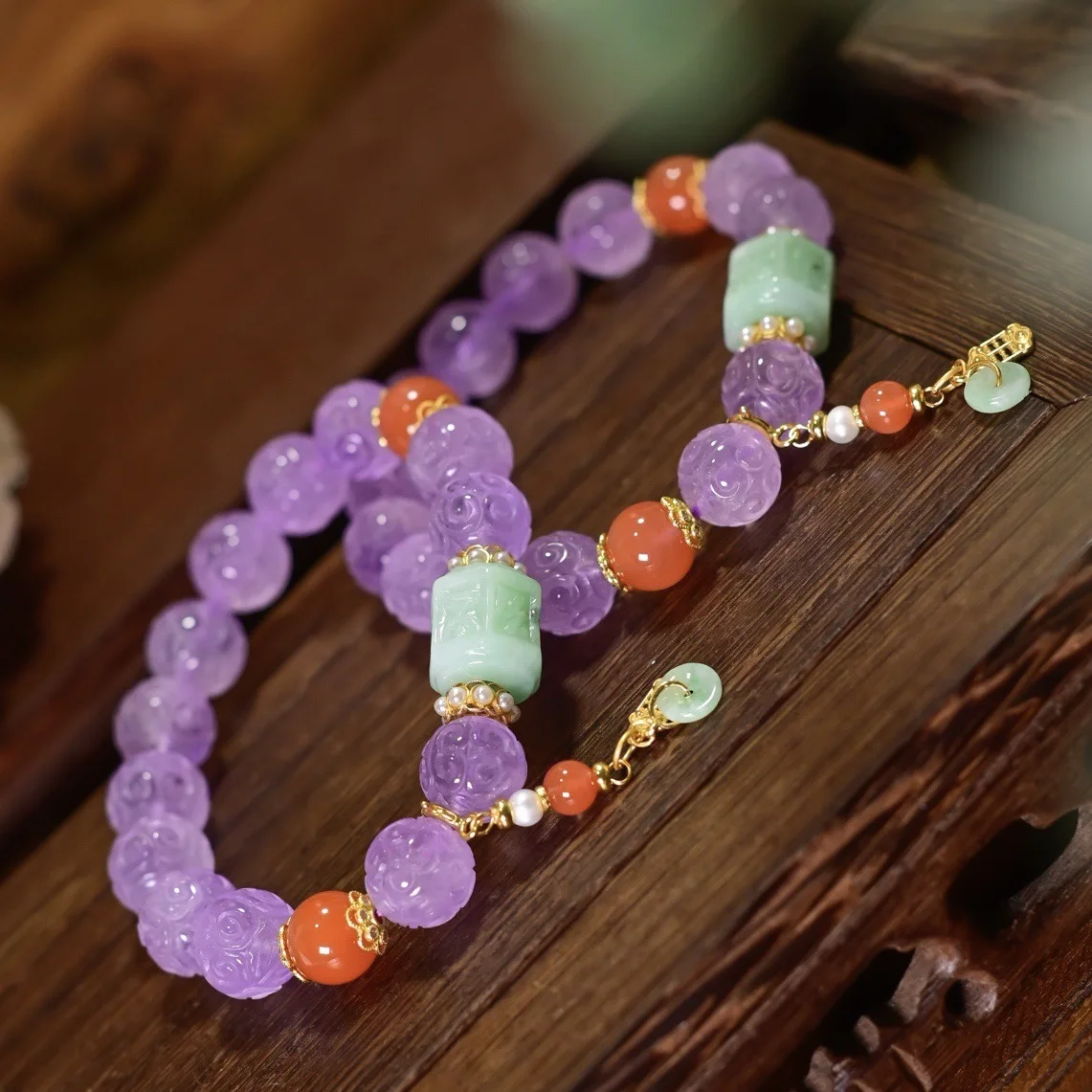 Natural Carved Amethyst Bracelet, A‑Grade Jade Barrel Bead, Red Agate Safety Buckle Pendant Chinese Style Bracelet