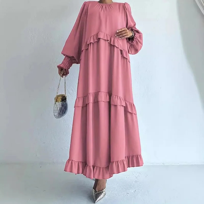 Fashion Women\'s O-neck Ruffle Party Dress 2024 Autumn Casual Lace Up Solid Color Party Dress Elegant Long Sleeved Loose Dresses