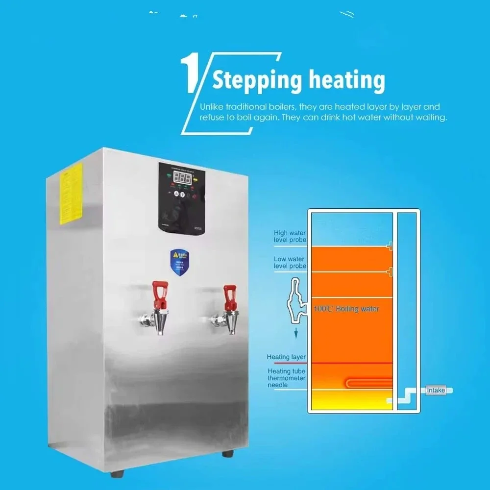 Commercial 60L Water Dispenser Hot Water Machine 180L/H Stainless Steel Water Boiler 6KW 380V Double Faucet 3