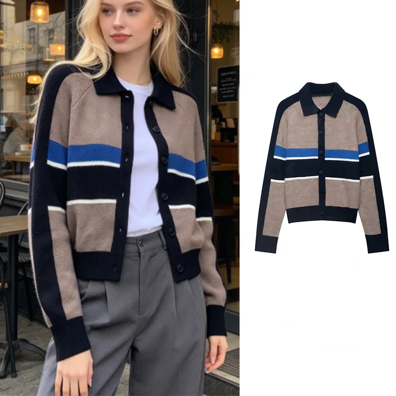 GuobioziyWomen Color Block Striped Knit Cardigan Lapel Collar Button Down Long Sleeve Soft Knitted Sweater Autumn Winter Casual