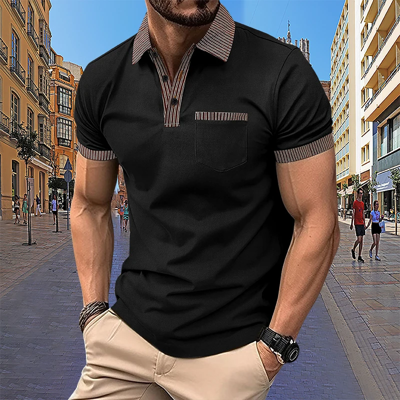 Polo de manga corta con cuello a rayas para hombre, ropa barata con bolsillo, verano, 2024