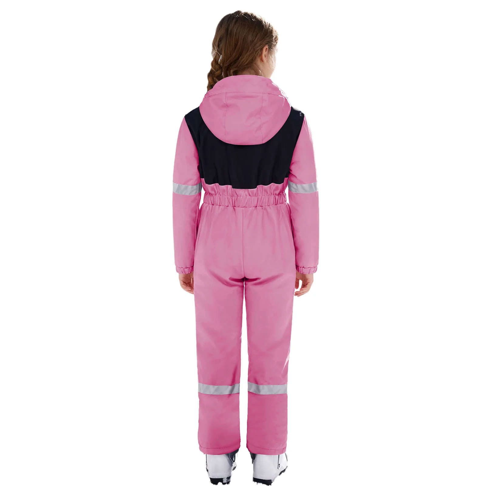 キッズガールズボーイズ反射ストリップスノースーツレタープリントスキーフード付きジャンプスーツ長袖スタンドカラー防水ボディスーツ