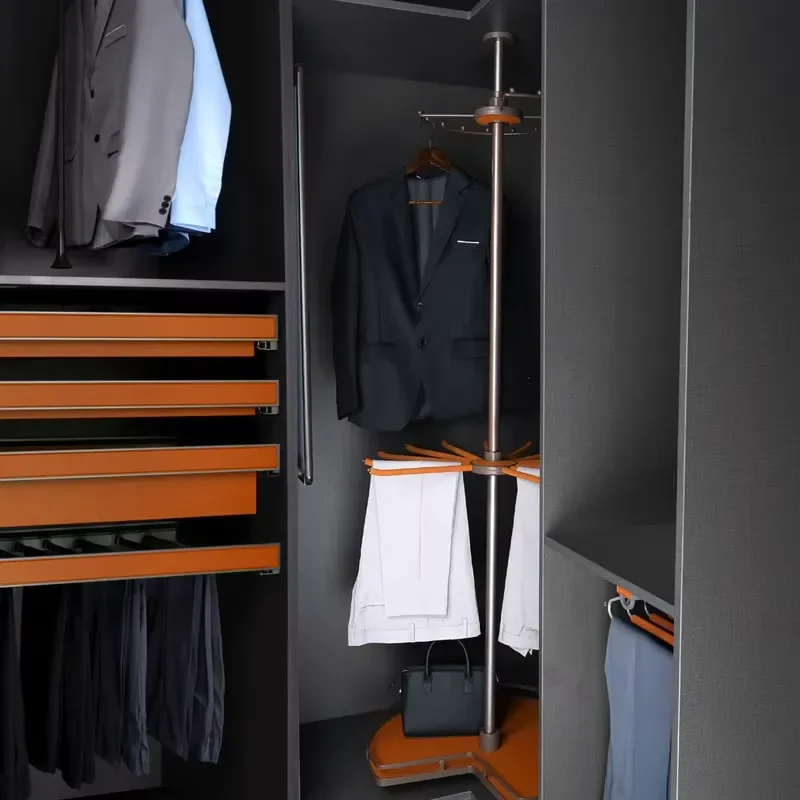 360 Degree Rotating Corner Wardrobe Hanger Aluminum Alloy Pull Out Basket Rack Multi Functional Closet Storage Organizer for