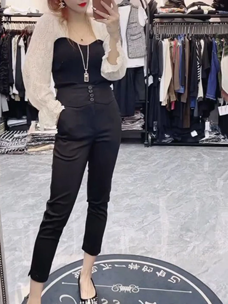 High waisted and small footed suit pants women autumn 2025 new single breasted slim fit casual eight point harem pants