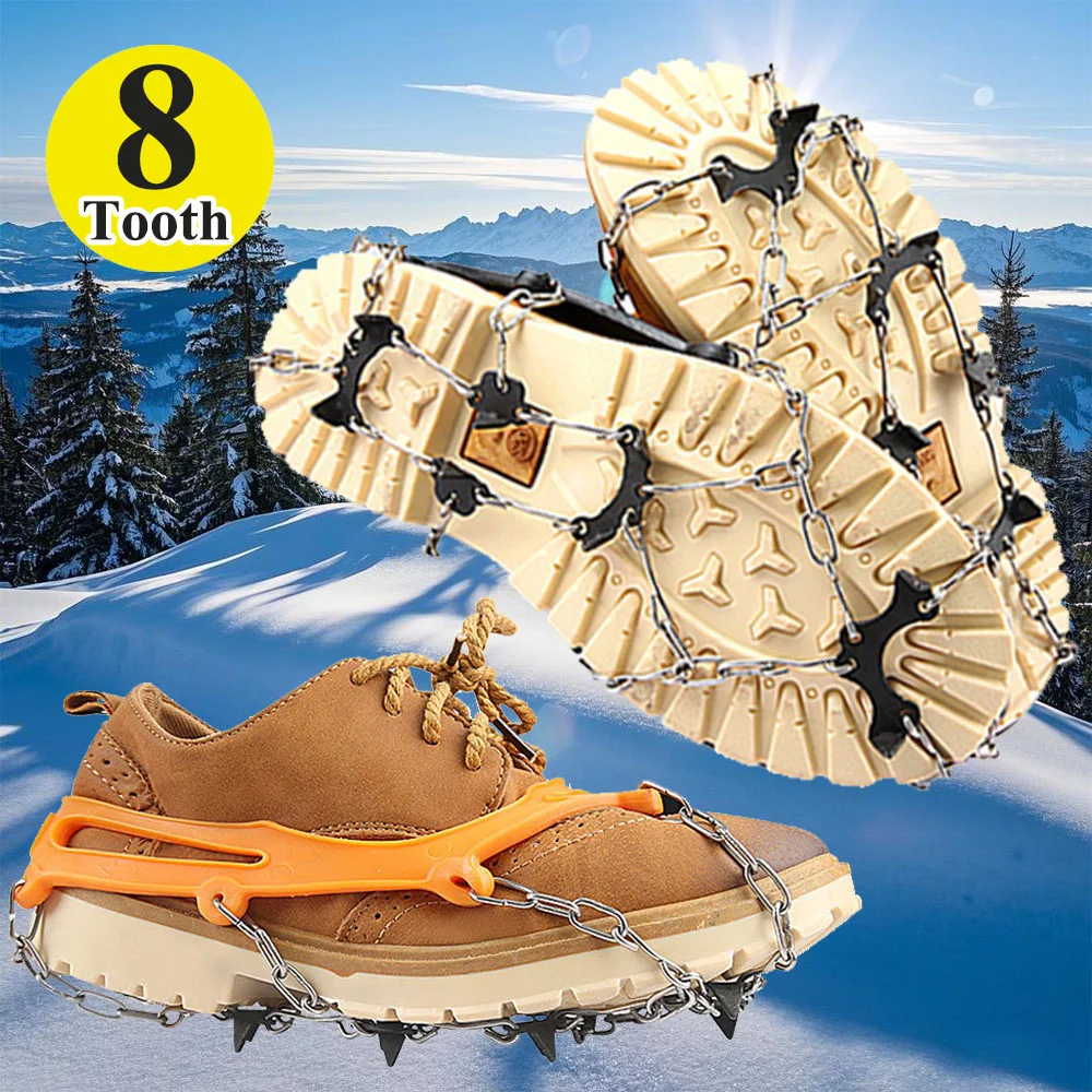 Hiking Climbing Crampons 8 Teeth Ice Snow Grippers Anti Slip Boots Cover Chain Cleats Winter Outdoor Walking Protection