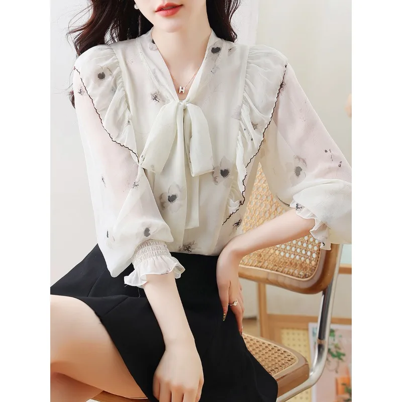 New 2023 Long Sleeve Stylish Chiffon Blouse for Women Ruffled Flower Korean Office Ladies Button Up Shirt Spring Autumn Clothing
