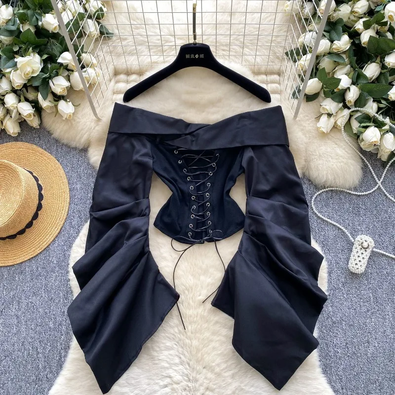 Blouse T-shirt Women Autumn Designer Tie-front Fitted Waist Off-the-shoulder Pleated Long Sleeves Slim-fit Flattering Silhouette