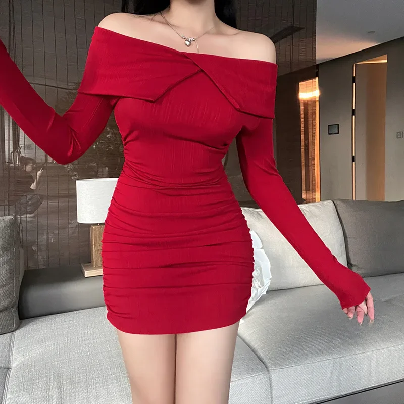 

Autumn New Sexy Spicy Girl Style Solid Color Short Skirt Sexy Style One Shoulder Flip Collar Dress Women's Wear CSM162-4