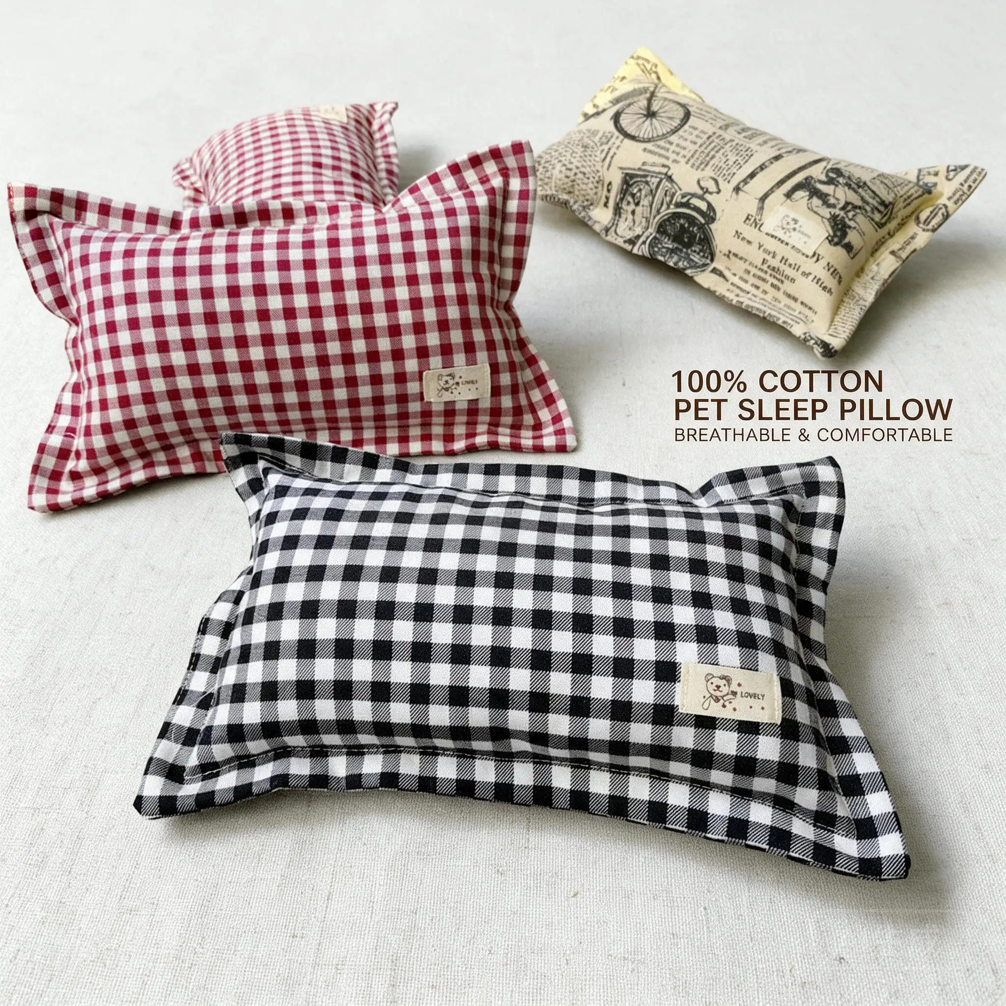 100 Cotton Pet Sleeping Pillow For Cats Dogs Soft Breathable Anti Static Warm 7cm Thick Checkered Pet Neck Rest Cushion For Naps