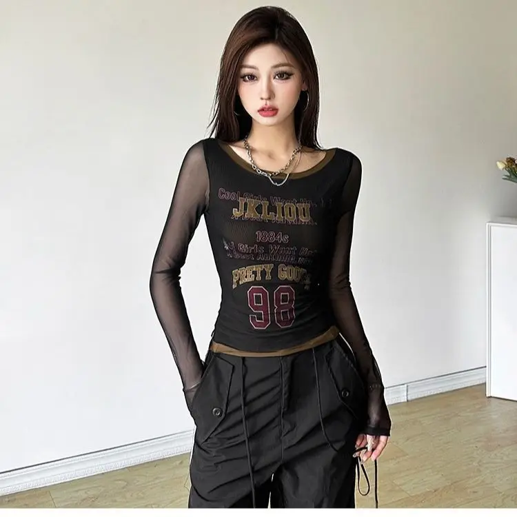 American Summer Vintage Slim-fitting Mesh New Style Patchwork Sunscreen Letter Print T-shirt Long-sleeve Hot Girl Top