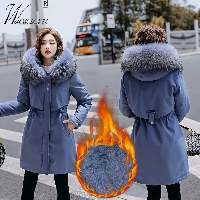 Super Warm Faux Fur Collar Winter Coats Elegant Slim Velvet Lined Hooded Parka Women Oversize 95kg Mid Length Plush Thick Jacket