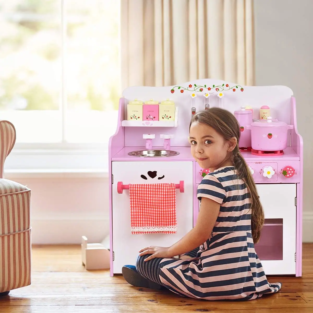 Conjunto de brinquedos de cozinha de madeira para crianças, utensílio de panelas, torneira, fogão, armário de armazenamento, presente para meninas meninos 3+