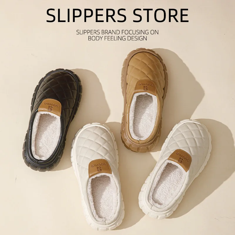 Women Cotton Slippers Winter 2024 New Thick Soled Waterproof Platform Indoor Warm Home Anti Slip Men Comfortable Plush Slippers