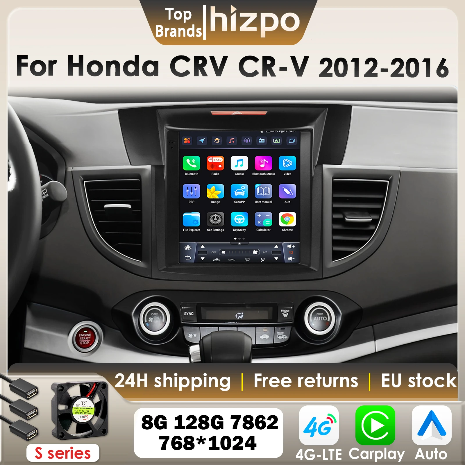 Hizpo 9,7 Zoll Carplay Android Autoradio für Honda CRV CR-V 2012–2016 mit Tesla Style Multimedia Vertikalbildschirm GPS 4G BT 7862