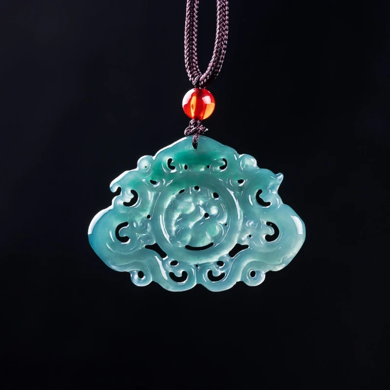 

Natural jadeite blue water hollow antique empty dragon and Phoenix brand pendant necklace men women fashionable peace amulet