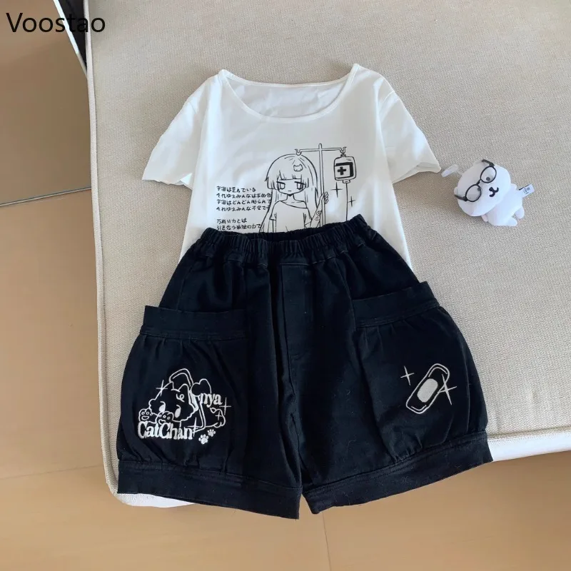 日本のかわいいロリータスタイルショーツ女性甘い漫画刺繍弾性ウエストショートパンツ夏の女の子かわいい Y2k ポケットショーツ