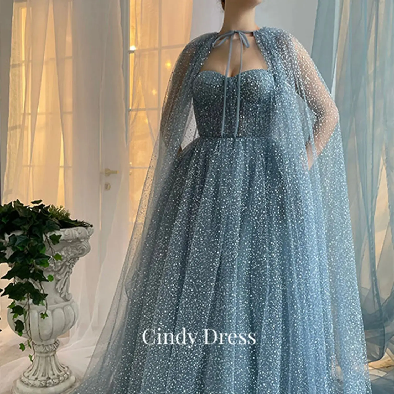 Cindy Shawl Mesh Sweetheart Blue Dots Saudi Women Evening Dress Dresses Ladies 2024 Long Official Store Gown Elegant Customized