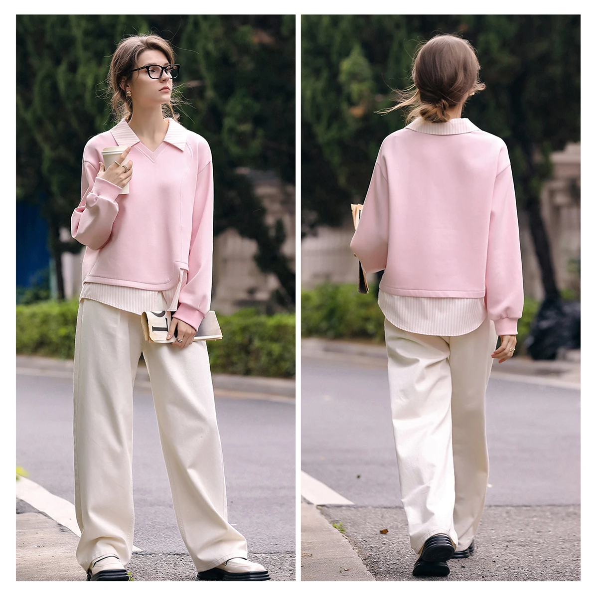 OLrain Women Long Sleeve Sweater 2025 Spring Summer Fads  V-neck Spliced Lapel Fake Two-piece Loose Pullover Tops O24CR90009