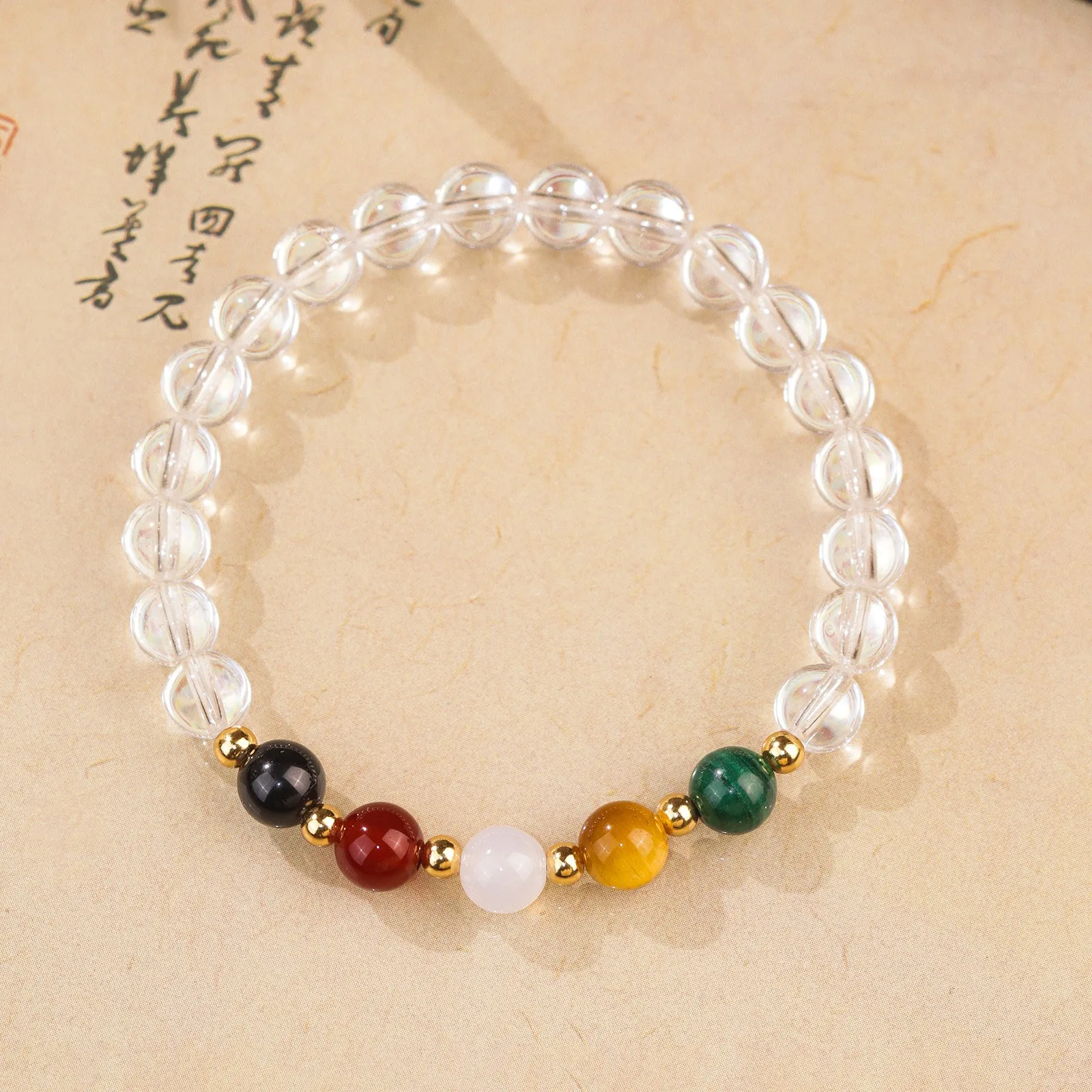 Chinese Style Lucky Five Wealth Gods Natural Clear Quartz Bracelet Malachite Tiger Eye Agate Beaded Bracelet For Women Blessing