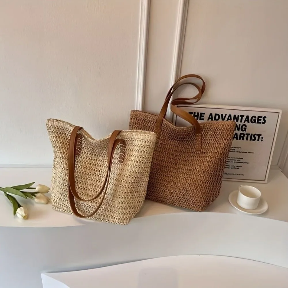

Simple Solid Color Weave Straw Tote Bag Zipper Weaving Beach Handbag Large Capacity Square Raffia Shoulder Bag Summer