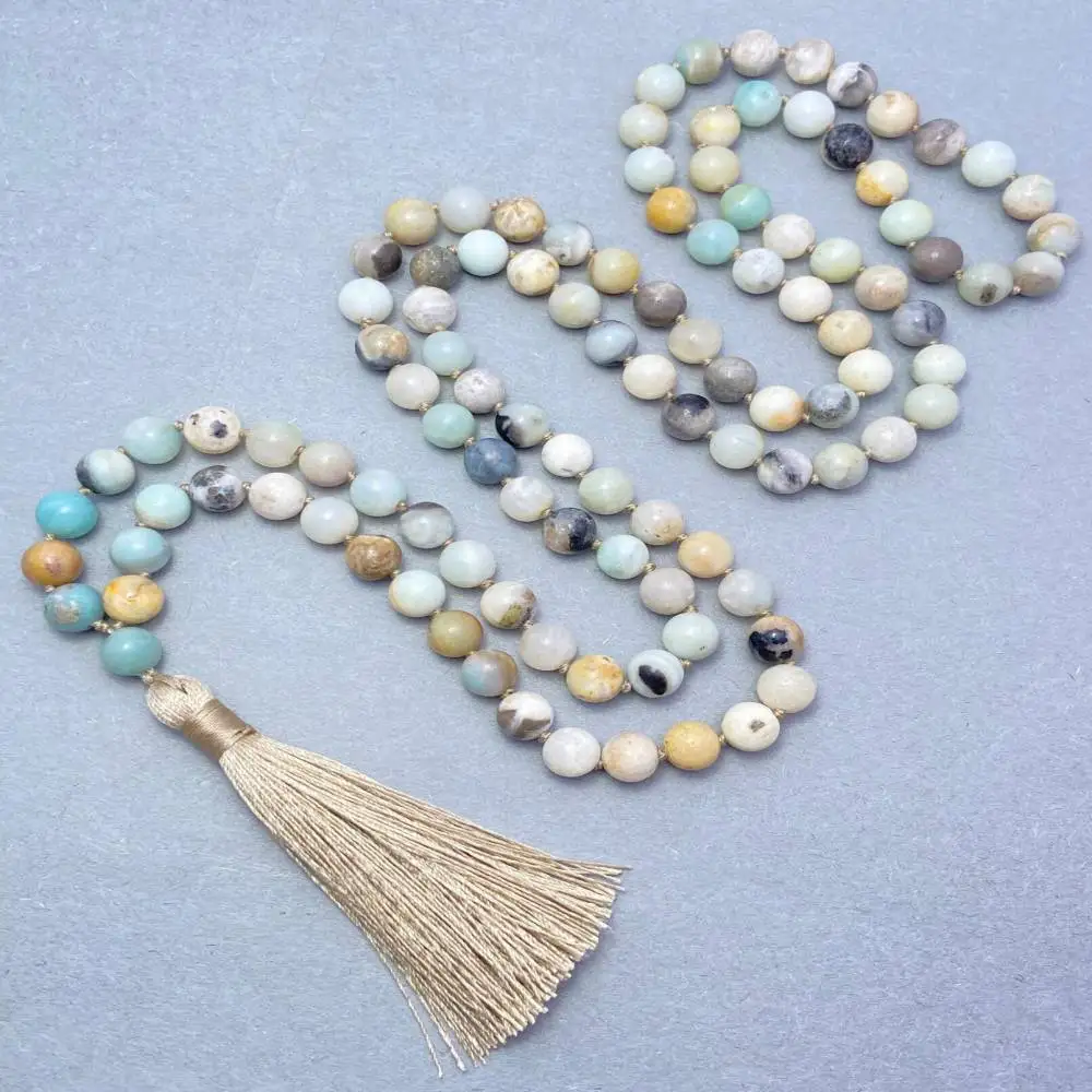 

Natural Multi-Color Amazonite 108 Beads Mala Necklace with Beige Tassel Spiritual Meditation Jewelry