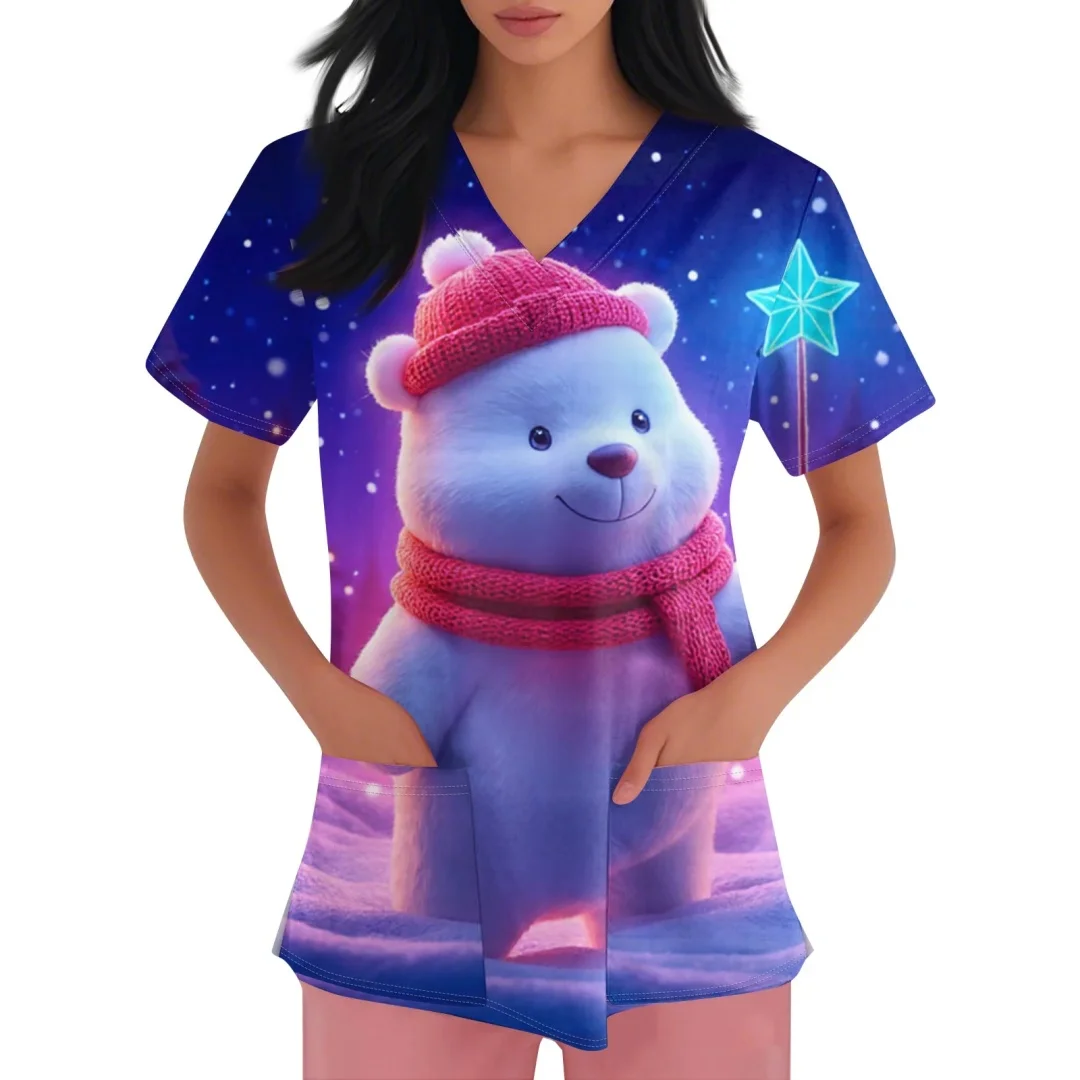 เสื้อยืดพยาบาลลายการ์ตูนแขนสั้นมีกระเป๋า ชุดยูนิฟอร์มพยาบาลสำหรับคริสต์มาส