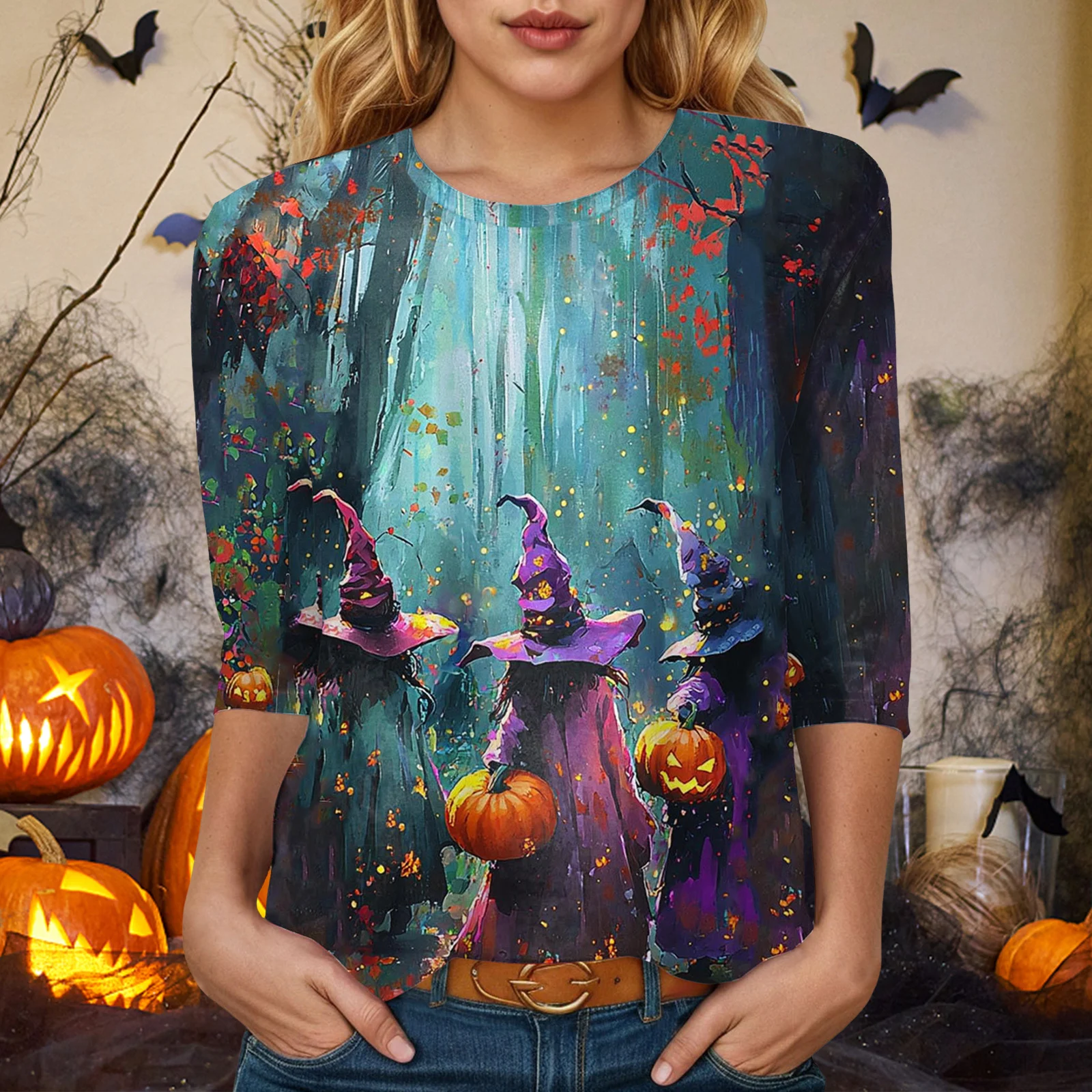 

Halloween witch pattern 3D printed women's shirt autumn long sleeved T-shirt pullover street casual women's plus size clothing