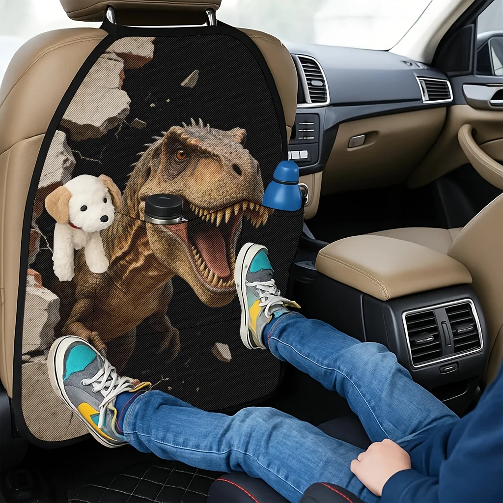 2pcs 2D Printed Car Seat Back Protector - Giant T-Rex Breaking Through A Wall Shocking Moment Themed Print Car Seat Back Protect