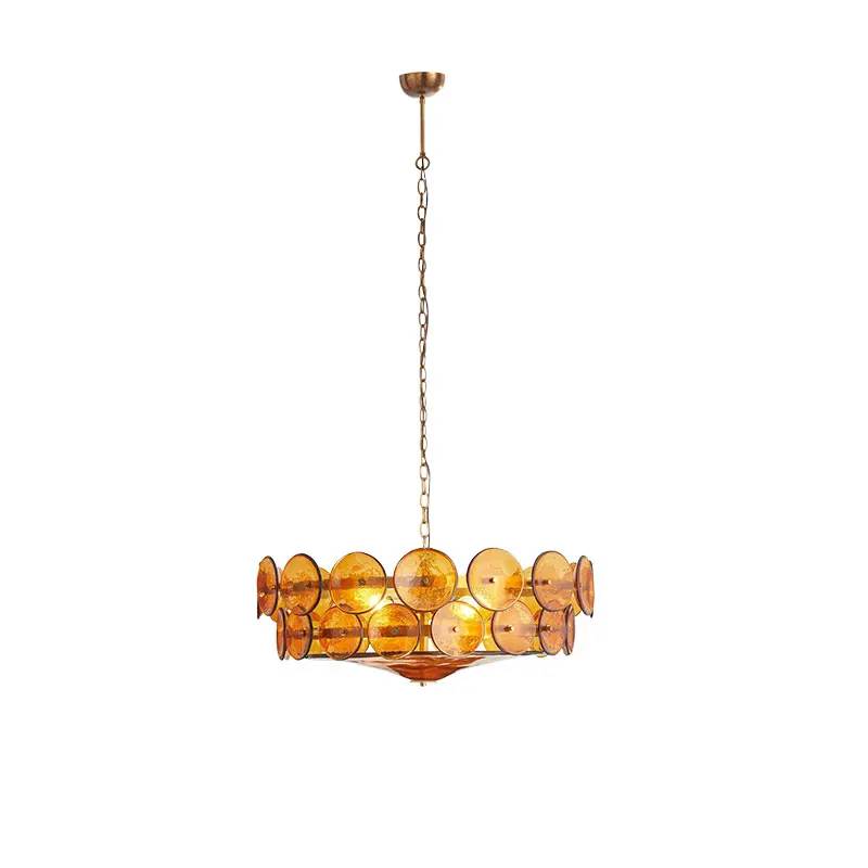 Mid-Century Modern Amber Murano Glass Disc Chandelier Vintage Brass Pendant Light Fixture for Living Room Bedroom Dining