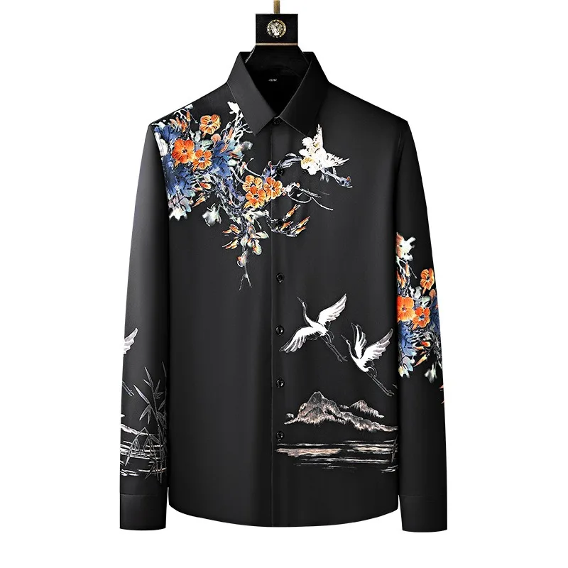 

Chinese Style Flower Rhinestone Shirt for Men High-quality Long Sleeve Casual Shirts Slim Fit Business Formal Dress Shirts 2023