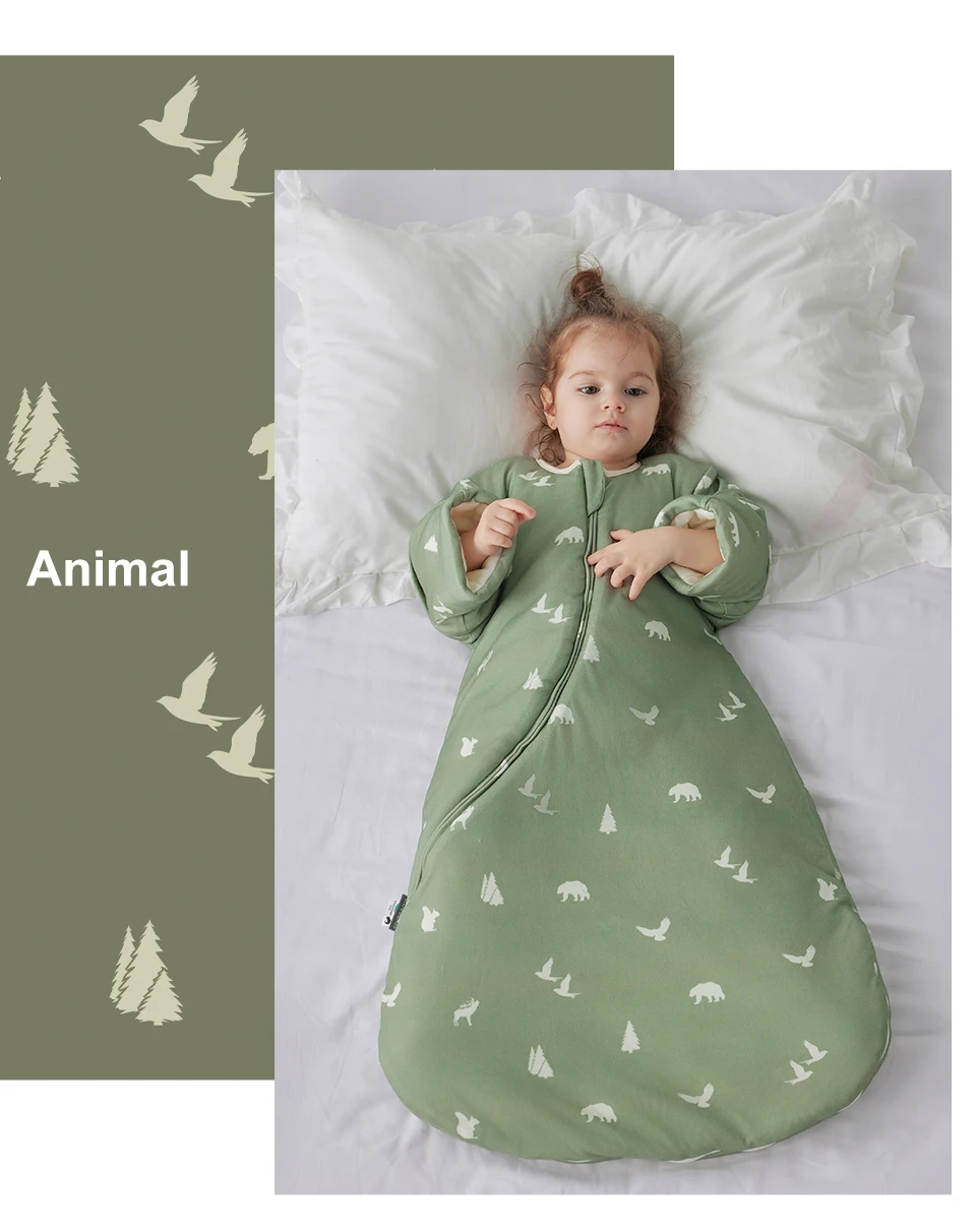 Sleeping Bag For Babies 0-24M Soft Cotton Breathable 2-Ways Zipper Cute Animal Print Baby Sleeping Bag With Removable Sleeves