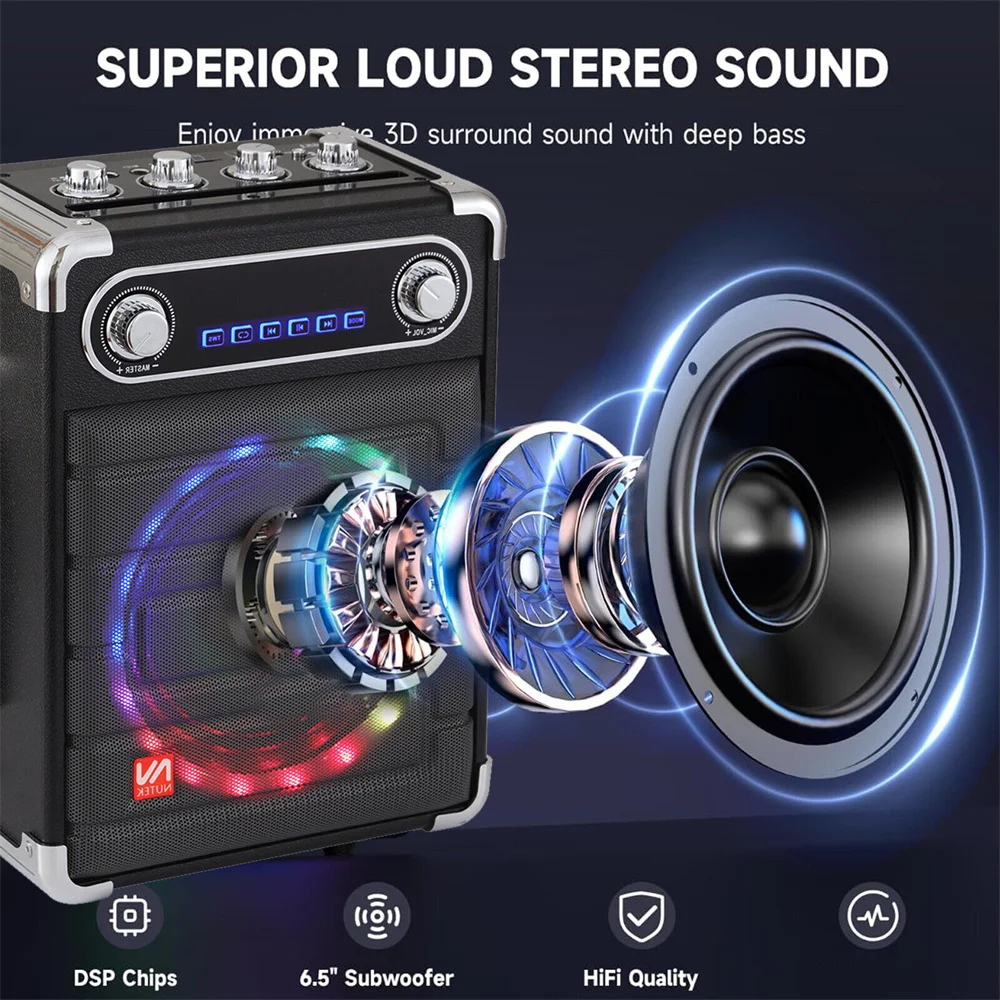 Loud Portable Bluetooth Speaker Karaoke Machine w/ 2 Wireless Mic TWS/TF/AUX/USB Rechargeable 6.5