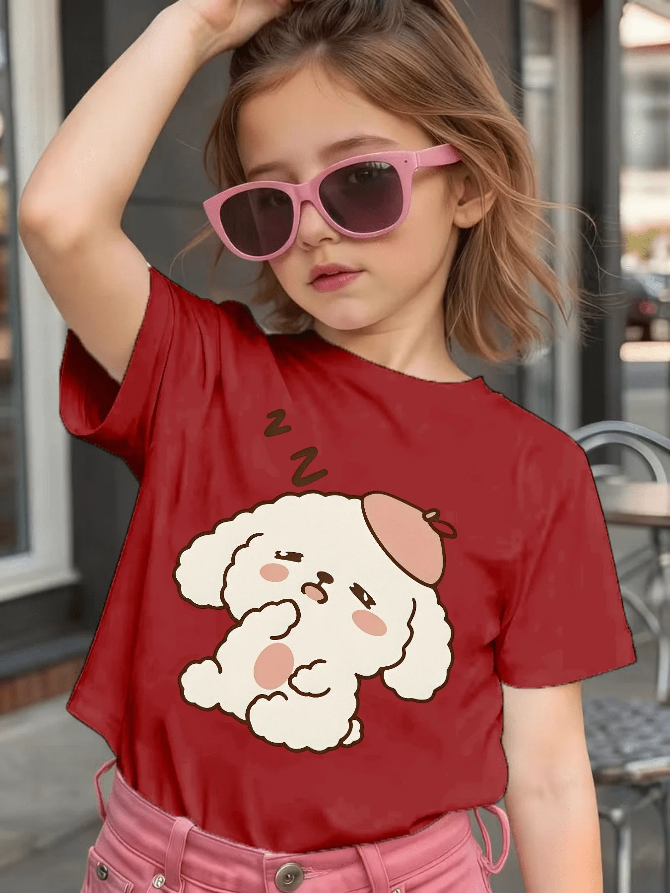 Sleepy Curly Puppy Print Kids T Shirt Cotton Short Sleeve Boys Girls Parent Child Matching Summer Soft Daily Casual Tees