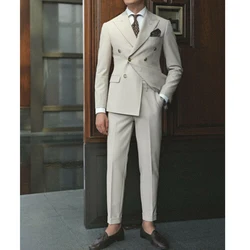 2024 Mens Suits Double Breasted Beige Suit For Man Peak Lapel Blazer Jacket Pants 2 Piece Formal costume homme Suits Handsome