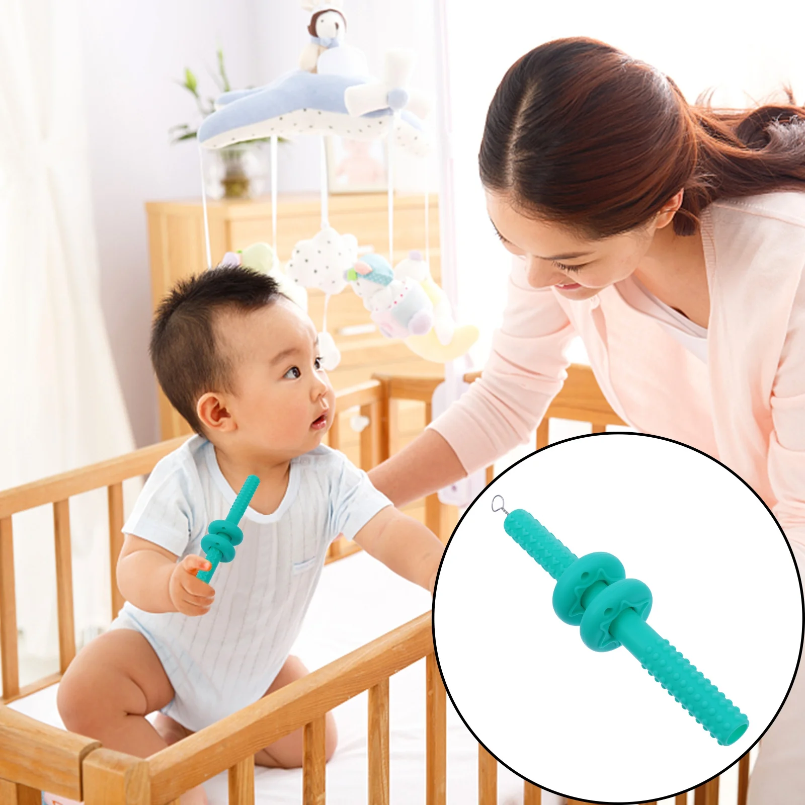 

1Set Silicone Hollow Baby Teether Safe Food Grade Soft Flexible Chewing Tube with DIY Blocks for Infant Molar Massage