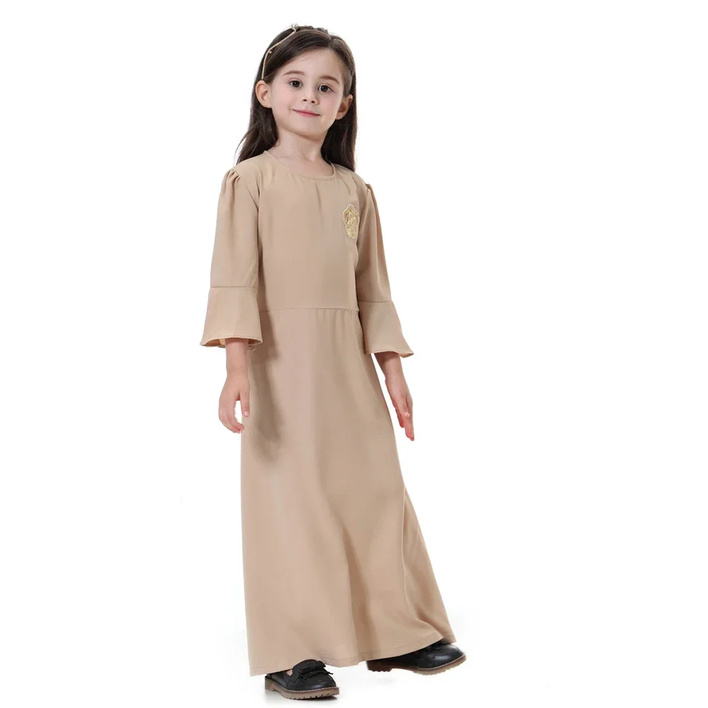 Muslim Kids Girls Prayer Dress Abaya Kaftan Tobey Saudi Jabba Robe Southeast Asian Girl Applique Long Skirt Dress