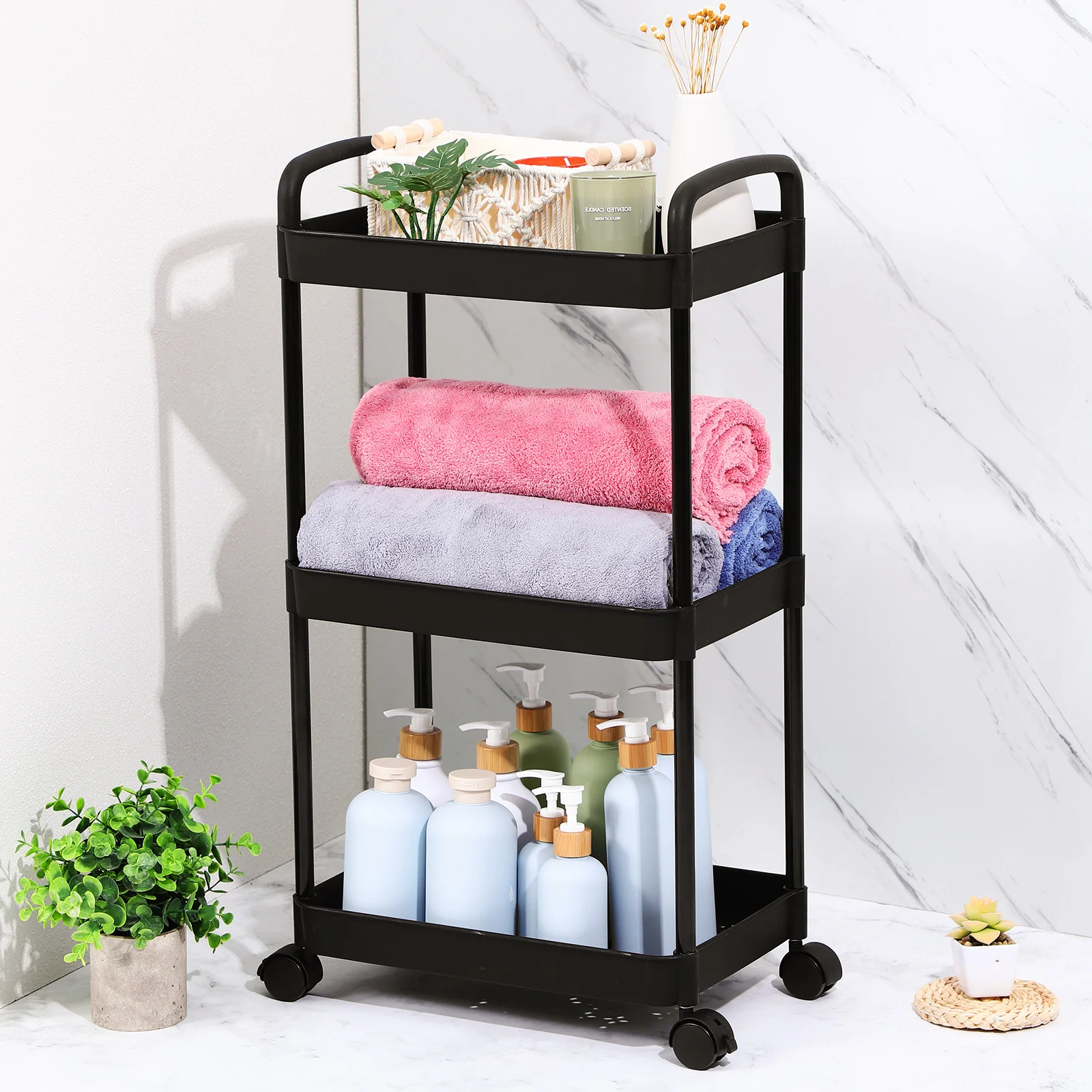 

3 Tier Rolling Cart Black 72x37x26cm Multi Layer Compact Strong Utility Carts With Wheels Storage Organizer Bedroom