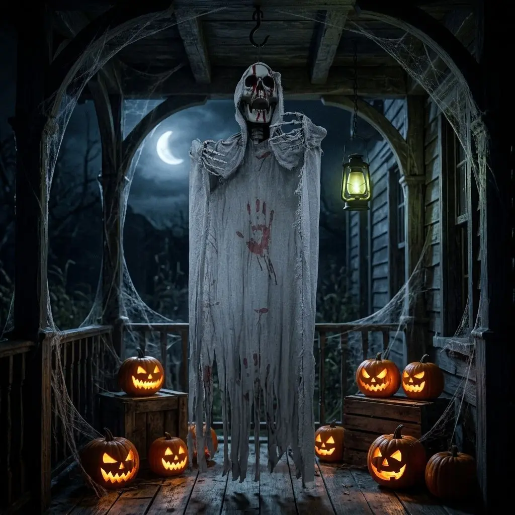 Halloween sensing blood-stained skeletons hanging ghost bands glowing red-eye outdoor cemetery escape room scary props