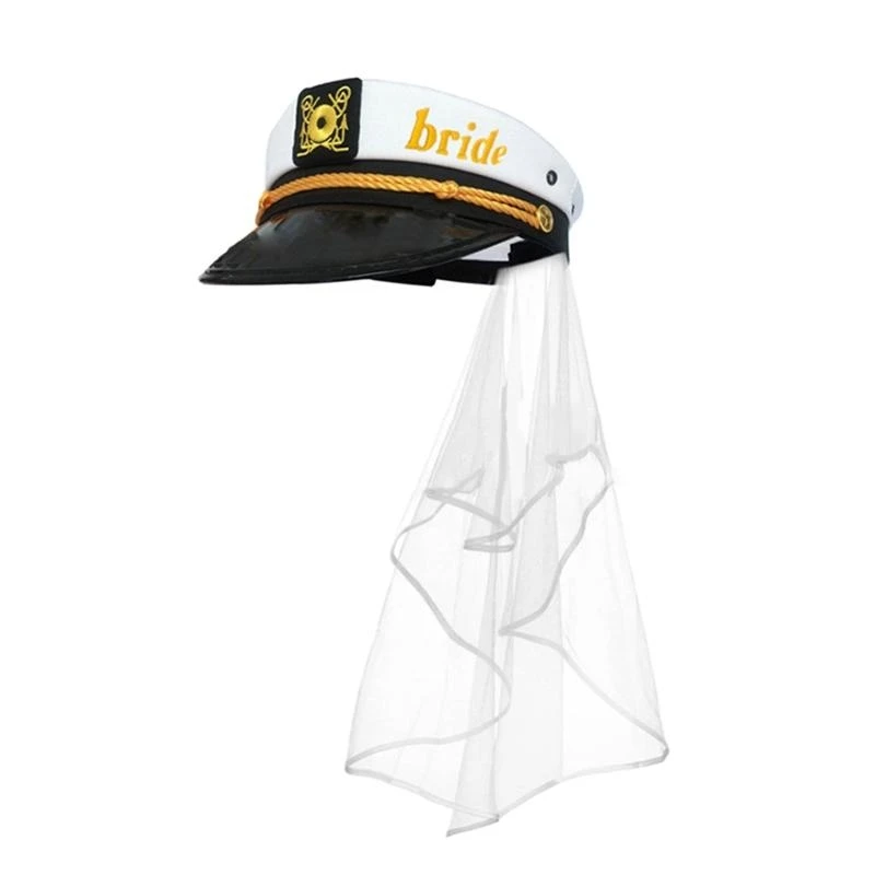 400A Captain's Yacht Sailors Hat with Bride Veil Adjustable Sea Cap Costume