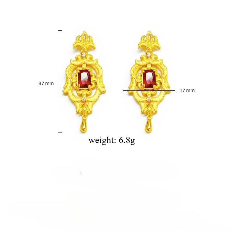 Elegant 18 K Gold Color Retro Palace Garnet Long Drop Earrings for Women Wedding Birthday Earrings Jewelry Gifts