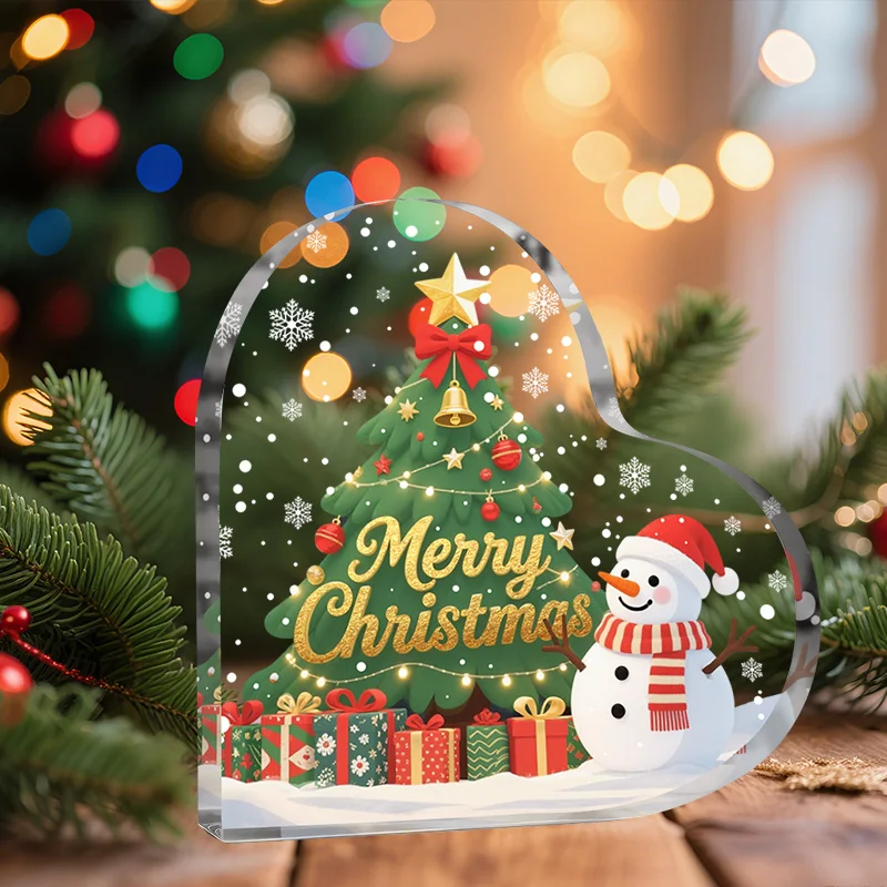 Santa Snowman & Christmas Tree Heart Acrylic Keepsake Plaque, Holiday Home Decoration,Heart‑Shaped Acrylic Christmas Gift, Merry Christmas Winter Scene Tabletop Decoration