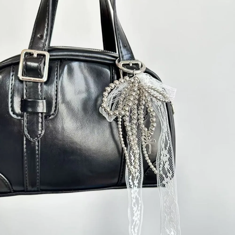 Llavero de encaje coreano con lazo, colgante de bolso blanco/negro, colgante con cuentas de perlas, accesorio de paquete
