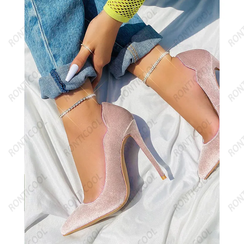 Ronticool sepatu pump hak Stiletto wanita, sepatu pesta Suede ukuran Plus untuk wanita, sepatu ujung lancip merah muda ungu cantik Musim Semi