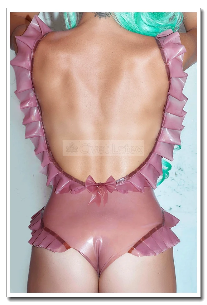 Civet Latex Catsuit Transparent Pink Sweat Ruffles Style Blackless Customized 0.4 J30