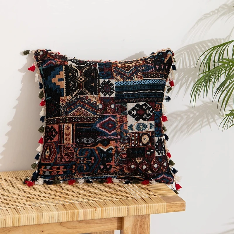 Embroidered Boho Throw Pillow Cover 45x45cm Luxury Tassels Décor Jacquard Cotton Linen Cushion Case Cozy Modern Pillowcase 방석