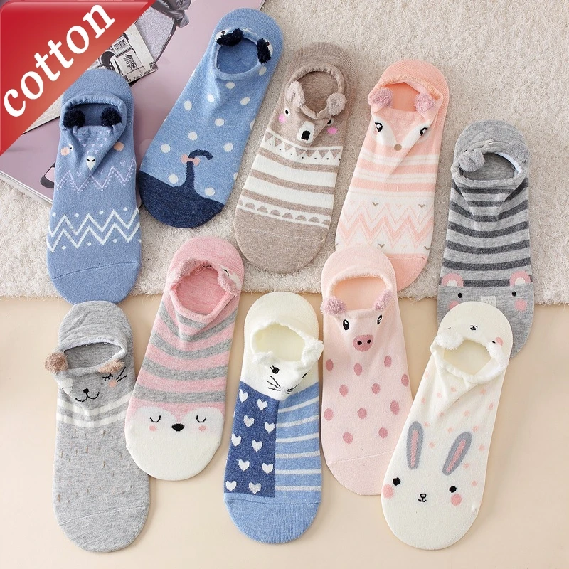 5 Pairs Women's Socks Set Japanese Cute Comfortable High-quality Cotton Socks For Girl Wholesale 3D Ear Funny Kawaii Ankle Socks