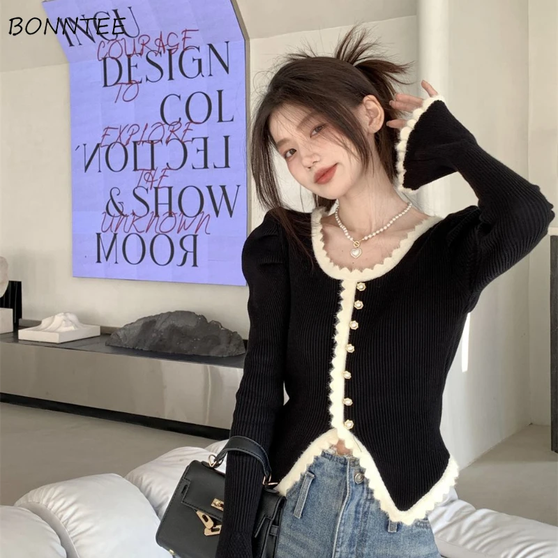 

O-neck Cardigans Women Knitting Design Panelled Spliced Slim Simple Office Ladies Korean-style Long-sleeves All-match Elegant