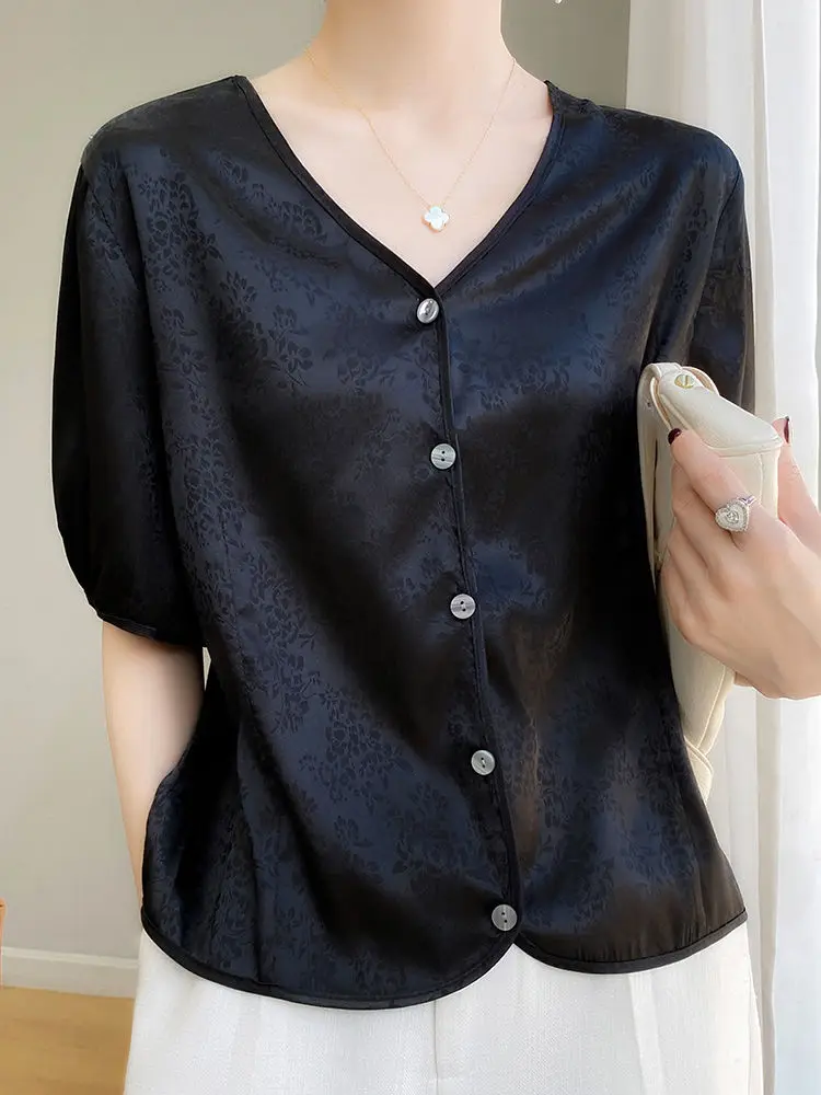 자카드 새틴 실크 블라우스 여성 반팔 루즈 셔츠 여성 레트로 중국 빈티지 에티닉 스타일 탑 오버 사이즈