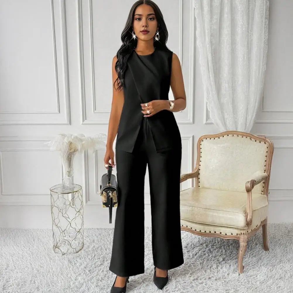 2025 Elegant Sleeveless Women Blazer Vest Suits V Neck Office Tanks Female Crop Top Wide Pants Sets OL