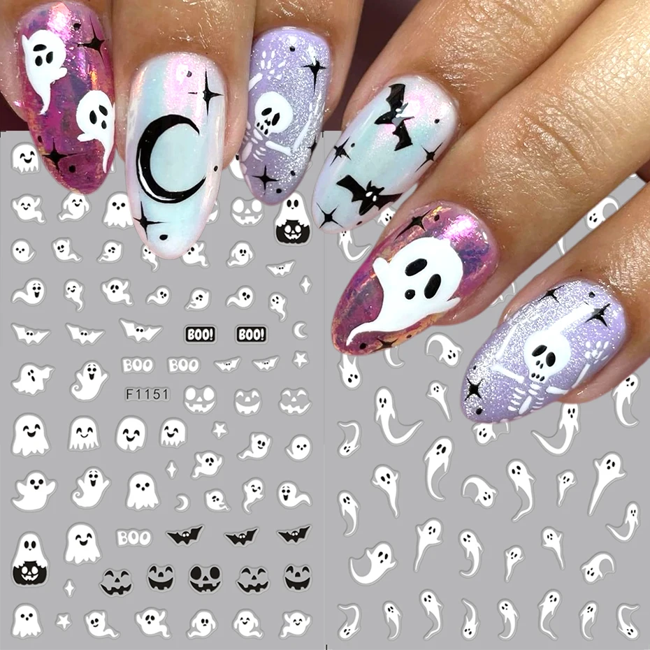 2pcs Luminous Halloween Spooky Nail Stickers White Ghost Pumpkin Design Decals Glow in The Dark Manicure Nail Art Decorations